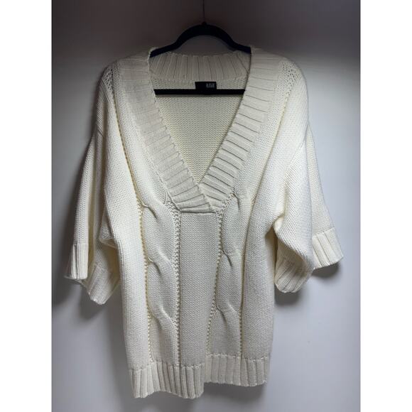 Minimalist Women’s Cable Knit Ivory Sweater Short Sleeve Sz Large Chunky - Picture 6 of 7